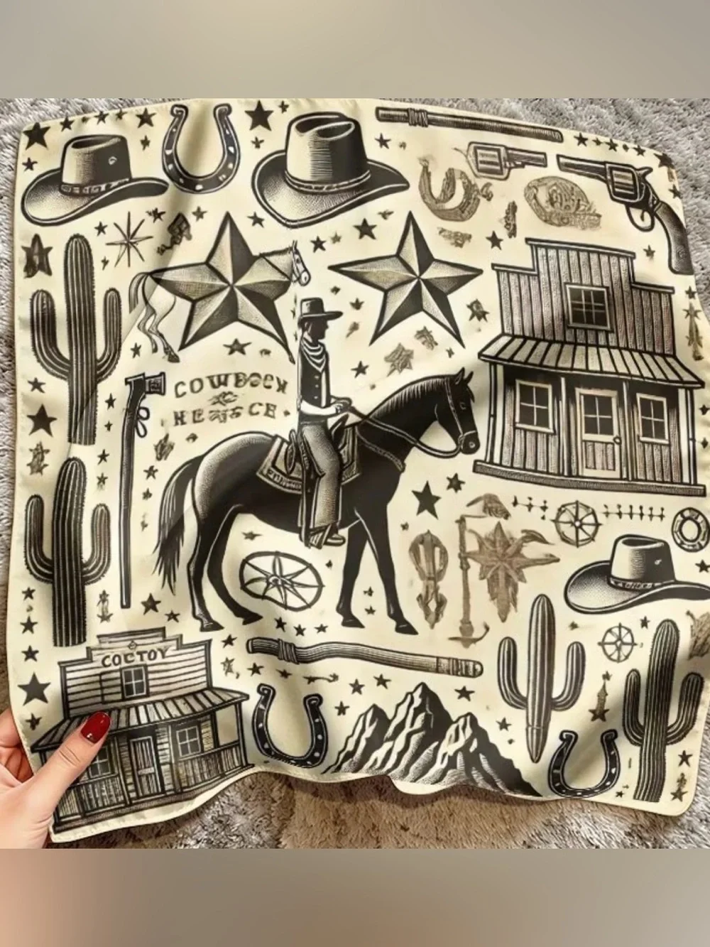 Cowboy Print Western Scarf - Cream & Black